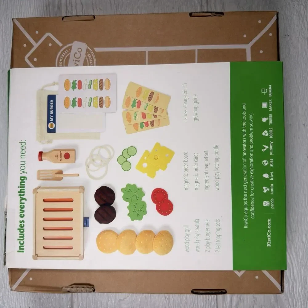 KiwiCo Kiwi Co Build-a-Burger Grill Pretend Play Wooden Toy Set New Ages 3+